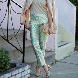 J. Crew Skimmer Pants Mint Gold Jacquard Brocade Metallic 0 NWT